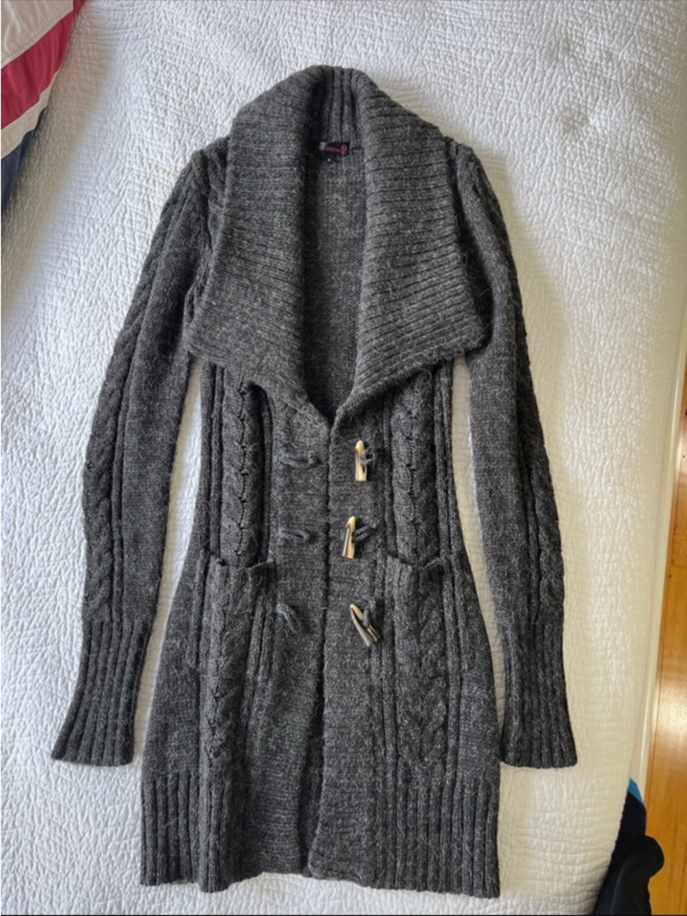 Vintage Charcoal Cable-Knit Shawl Collar Sweater Coat